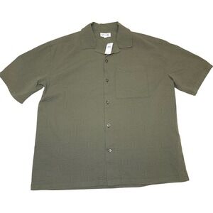 NWT Gap Mens Seersucker Button Down Shirt Olive Green Boxy Fit Camp Collar M